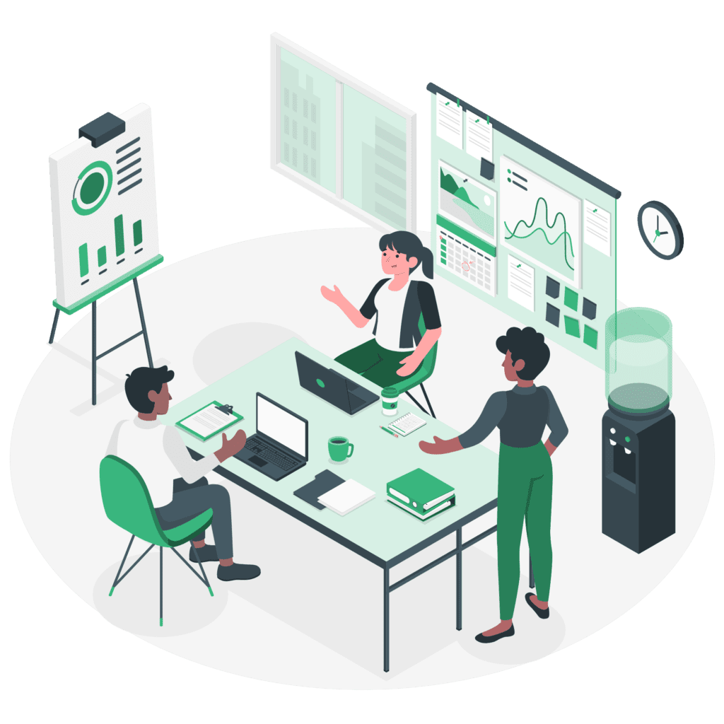 A diverse group of PPC marketers collaborates at a table, using a whiteboard and a laptop to brainstorm and work together efficiently.