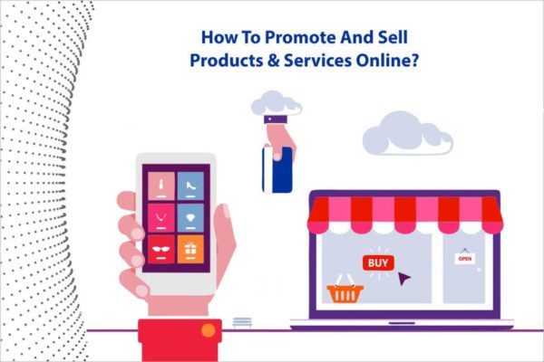 Illustration of a person using a mobile to promote and sell products and services online.